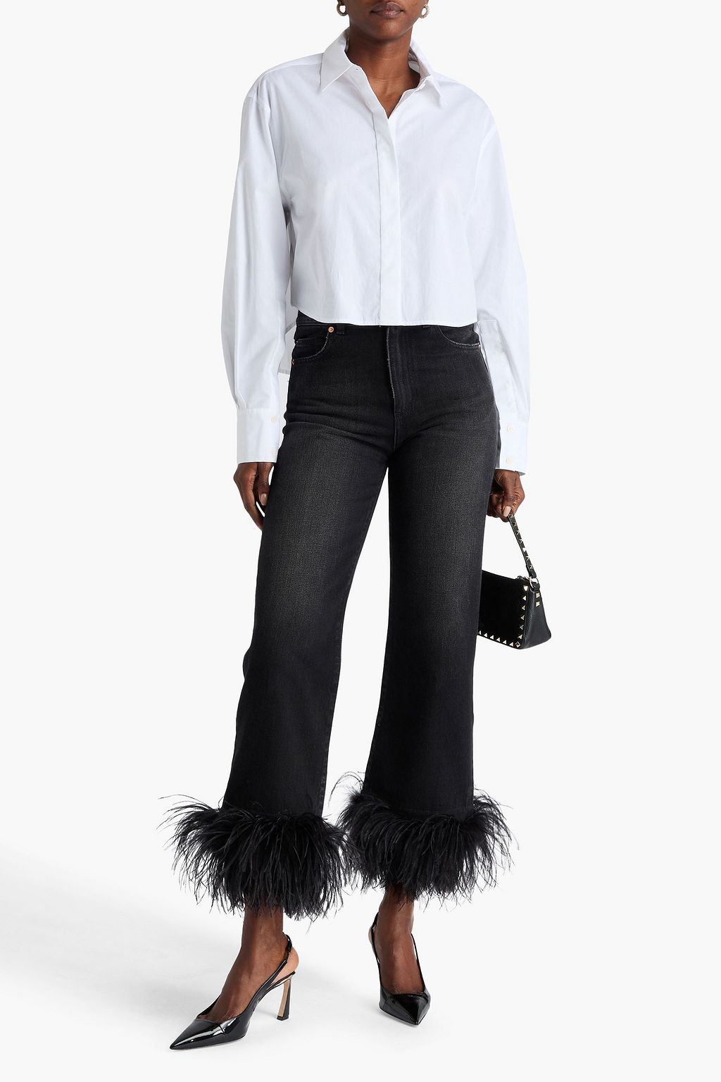 VALENTINO GARAVANI Feather-embellished high-rise straight-leg jeans