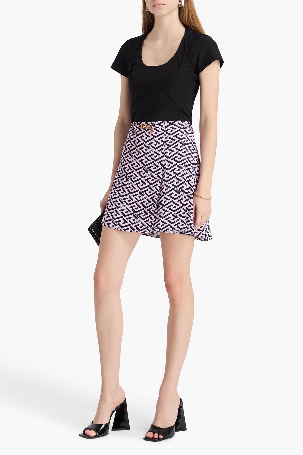 VERSACE Pleated printed crepe mini skirt