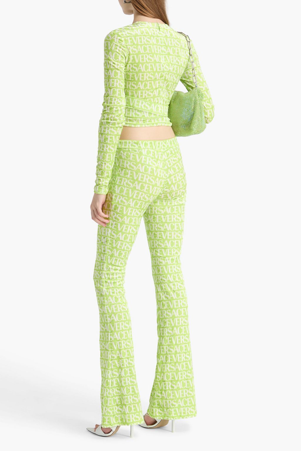 VERSACE Cropped printed stretch-velvet top