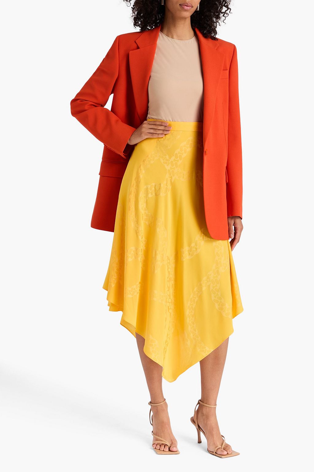 STELLA MCCARTNEY 비대칭 새틴 자카드 미디 스커트