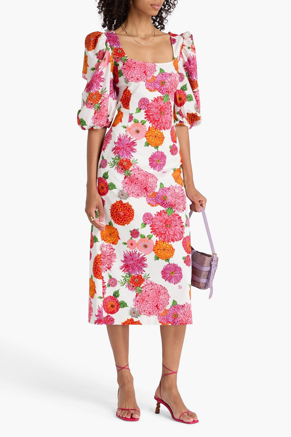 La Doublej Sizzler Floral-print Cotton-blend Twill Midi Dress In White