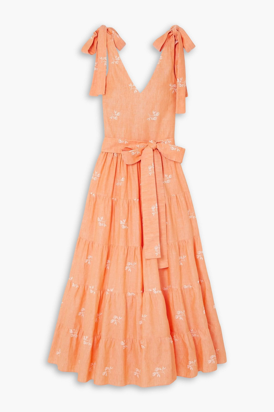Erdem Yesenia Bow-detailed Tiered Embroidered Cotton-blend Gauze Midi Dress In Orange