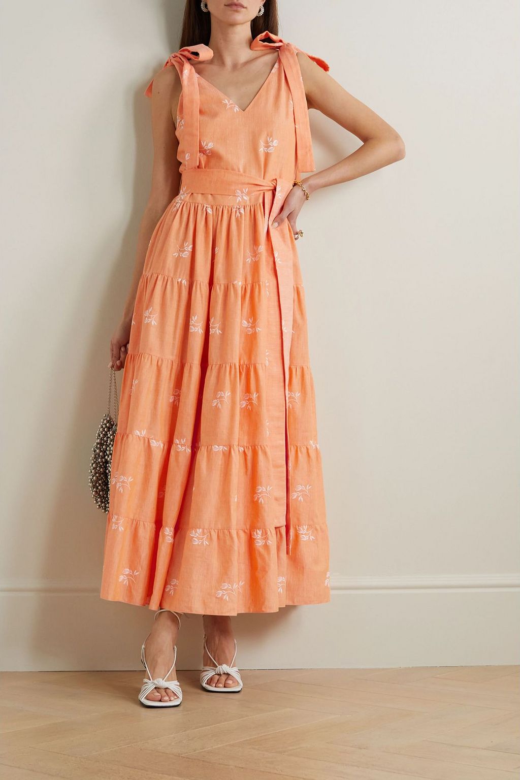 ERDEM Yesenia bow-detailed tiered embroidered cotton-blend gauze midi dress