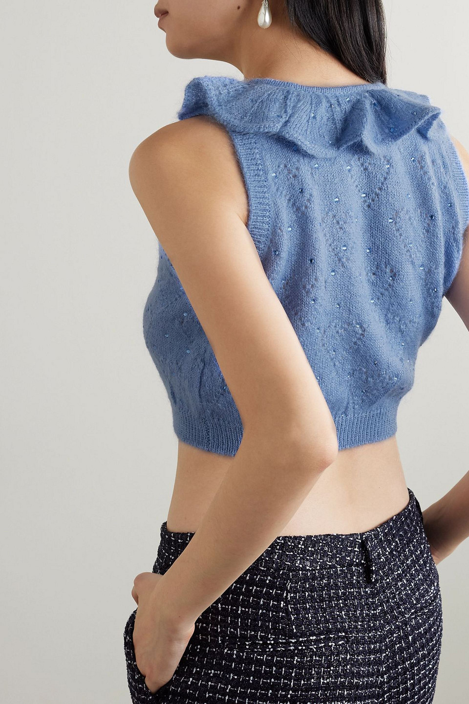 Alessandra Rich Cropped Crystal-embellished Pointelle-knit Mohair-blend Cardigan In Blue