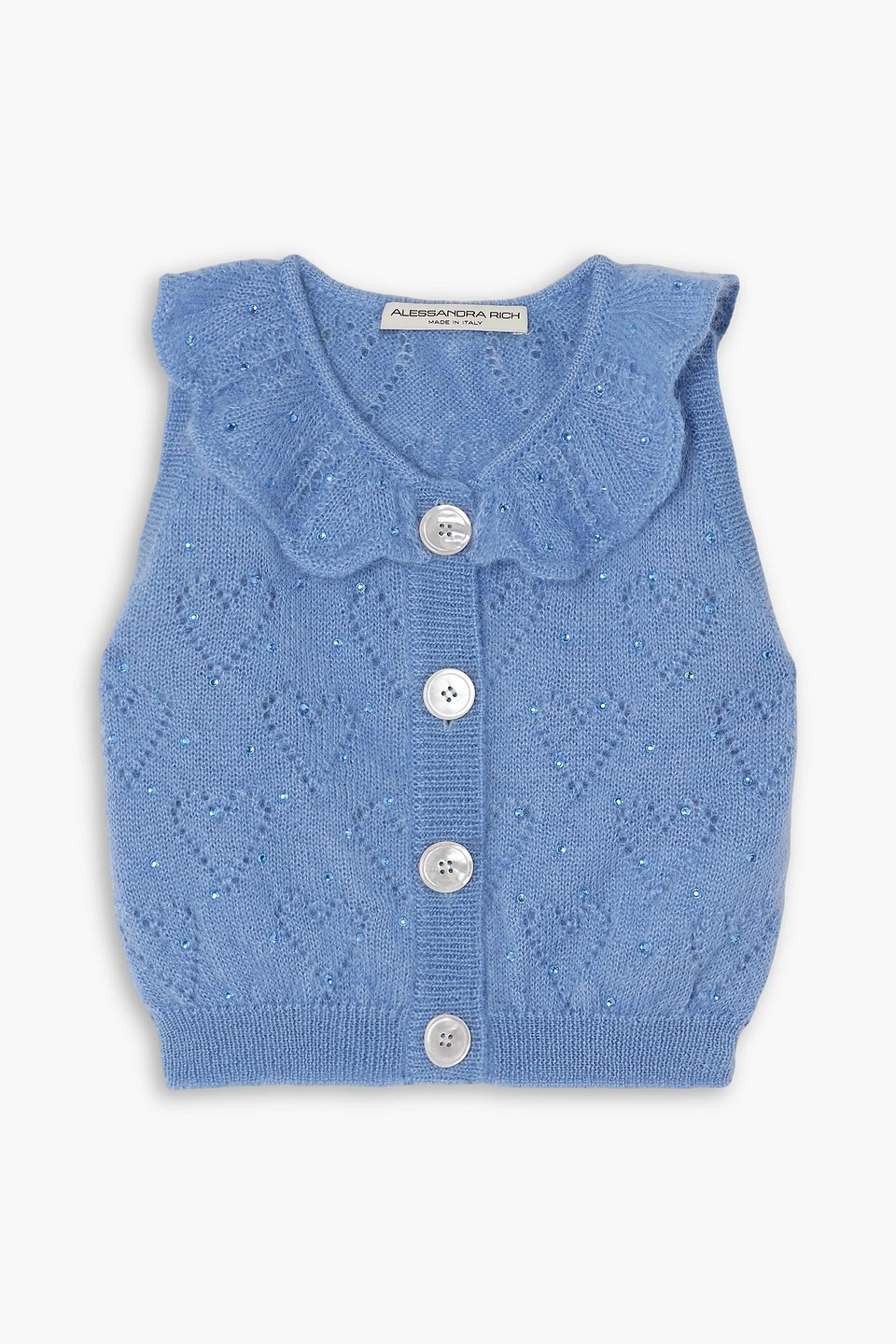 Alessandra Rich Cropped Crystal-embellished Pointelle-knit Mohair-blend Cardigan In Blue