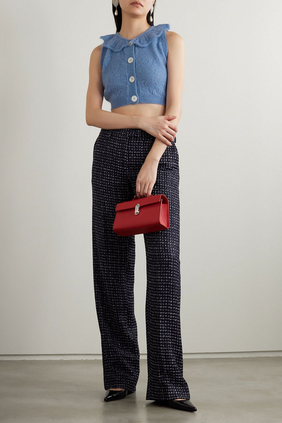 Alessandra Rich Cropped Crystal-embellished Pointelle-knit Mohair-blend Cardigan In Blue