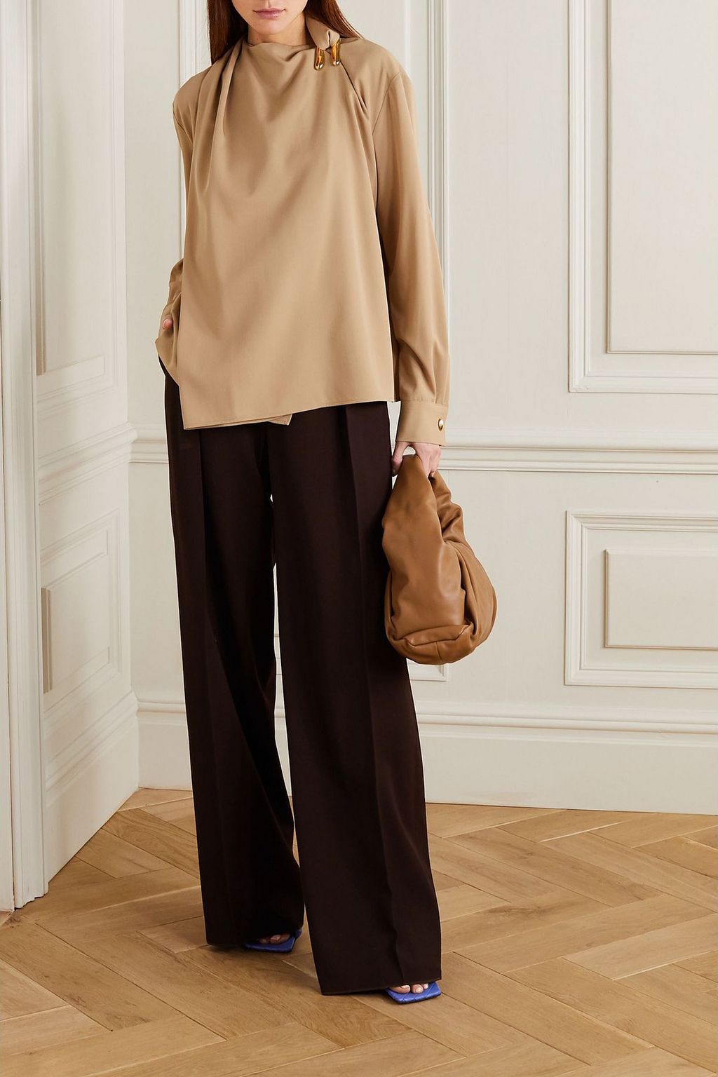 BOTTEGA VENETA Embellished draped wool-twill blouse