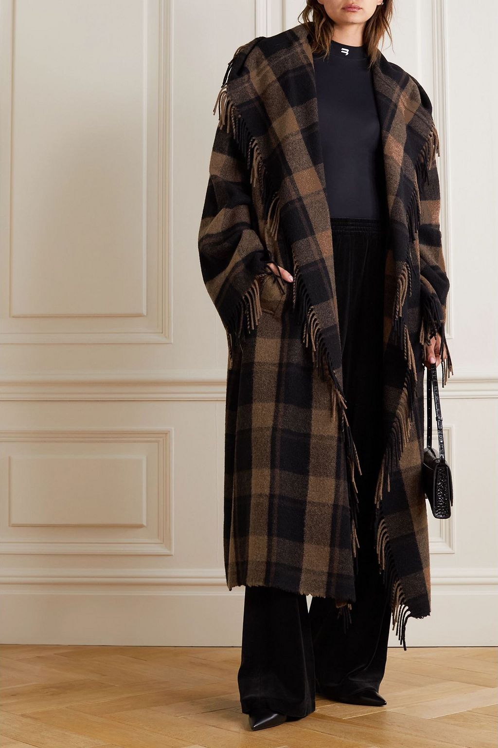 BALENCIAGA Fringed checked wool-blend coat