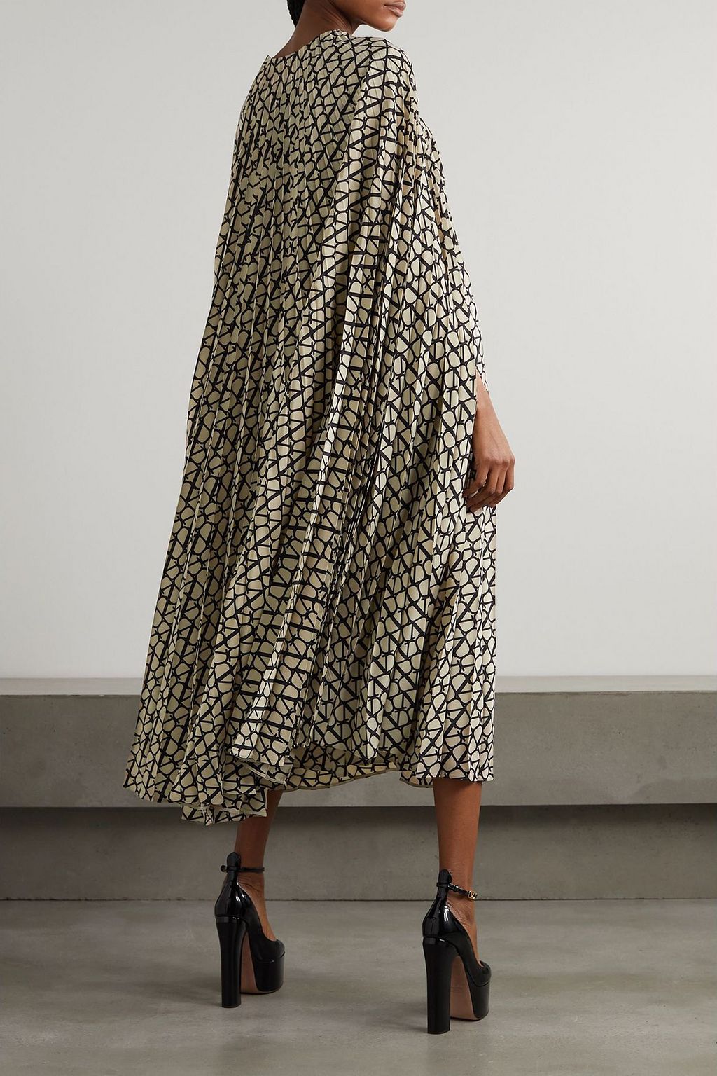 VALENTINO GARAVANI Cape-effect pleated printed silk crepe de chine midi dress