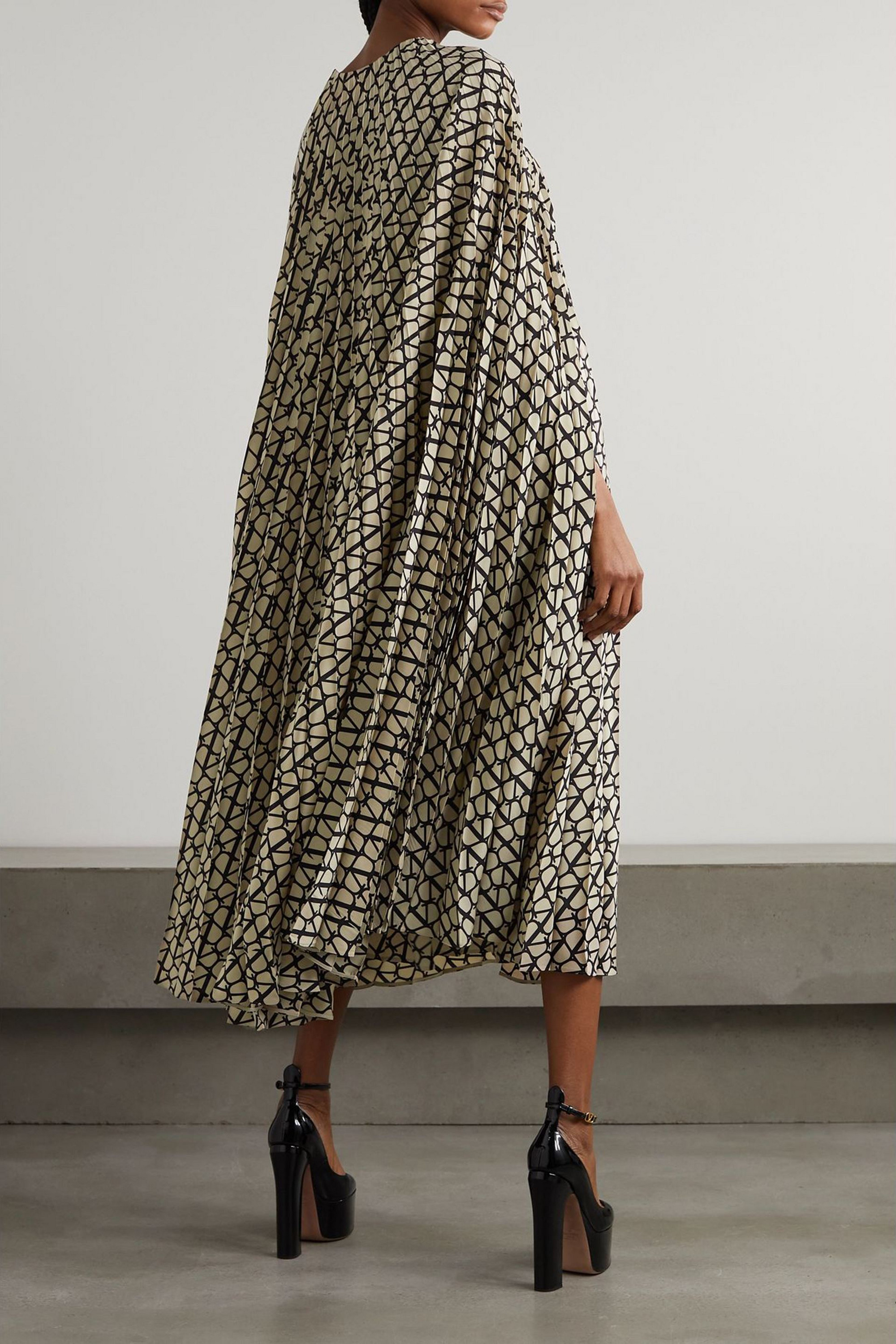 Valentino Garavani - Cape-effect pleated printed silk crepe de chine midi  dress | Plush