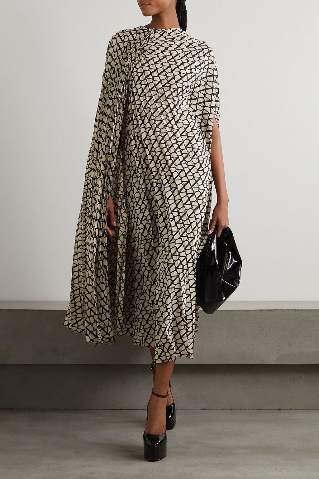 VALENTINO GARAVANI Cape-effect pleated printed silk crepe de chine midi dress