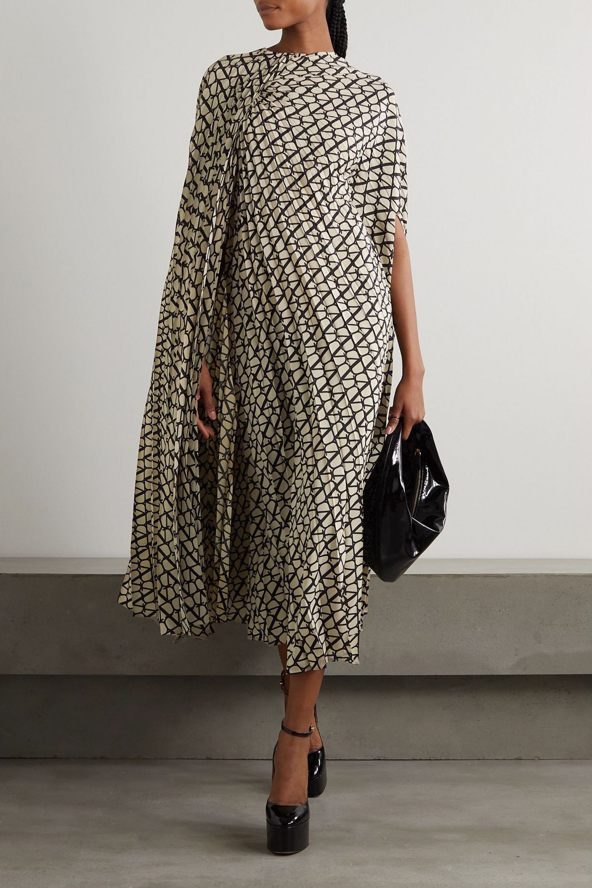 Valentino Garavani Cape-effect pleated printed silk crepe de chine midi dress