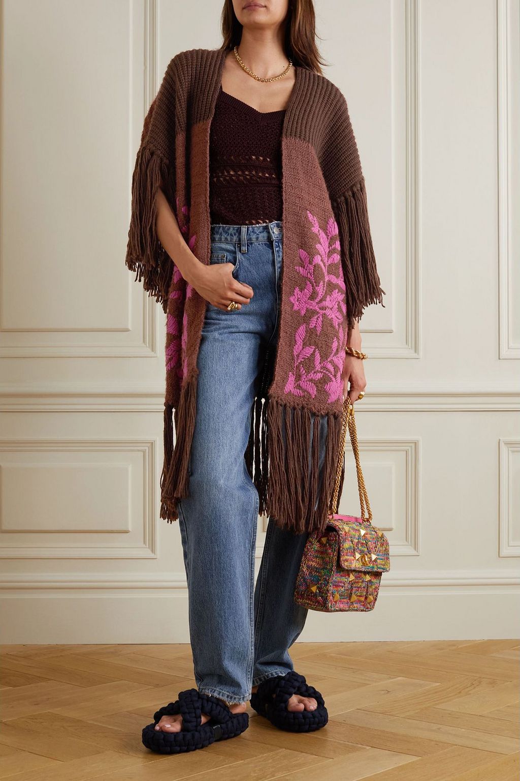 VALENTINO GARAVANI Fringed embroidered wool and silk-blend wrap