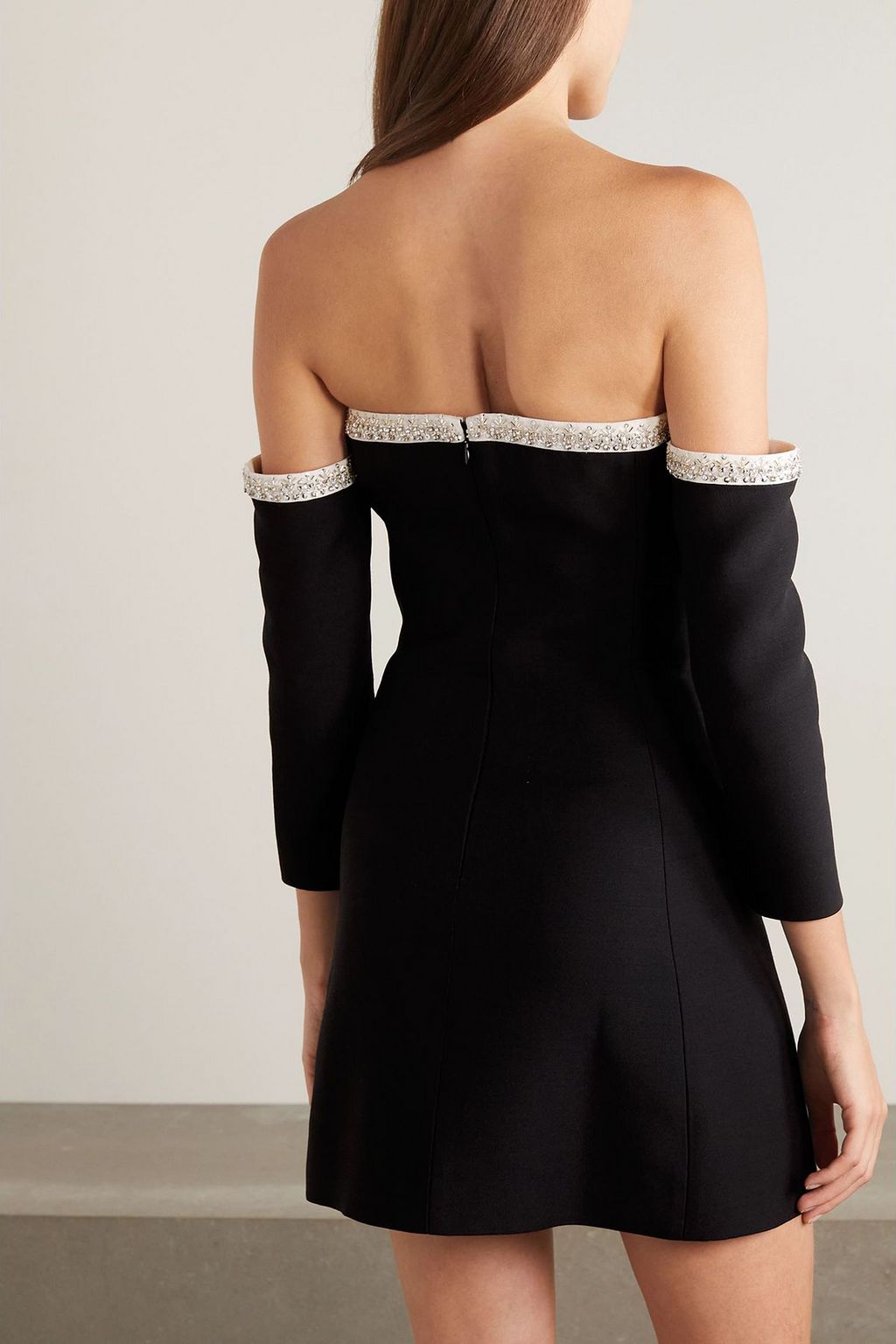 VALENTINO GARAVANI Off-the-shoulder embellished wool and silk-blend crepe mini dress