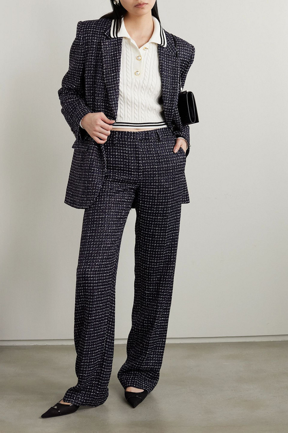 Alessandra Rich Sequin-embellished Metallic Tweed Straight-leg Pants In Blue