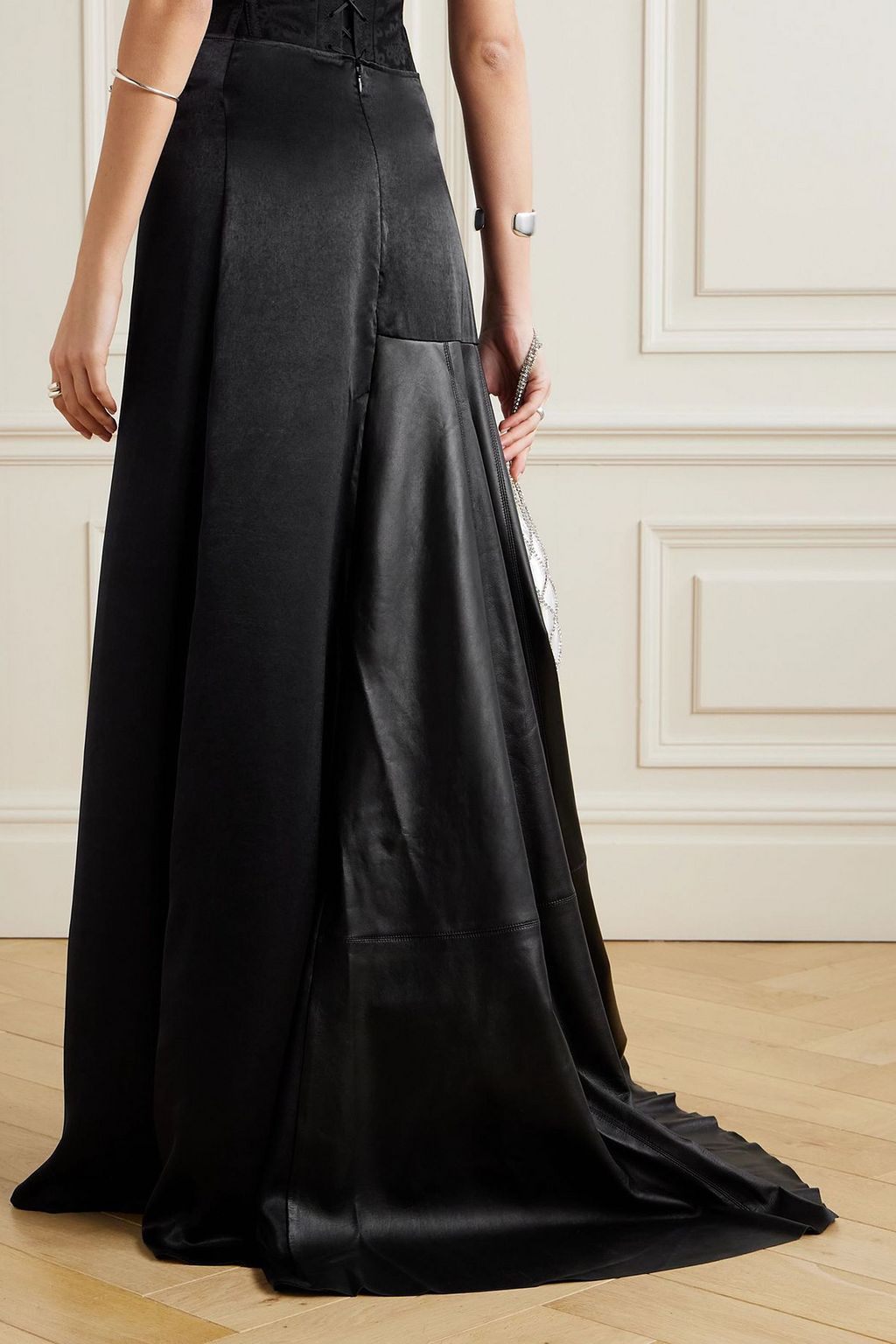 LUDOVIC DE SAINT SERNIN Leather-trimmed silk-satin maxi skirt