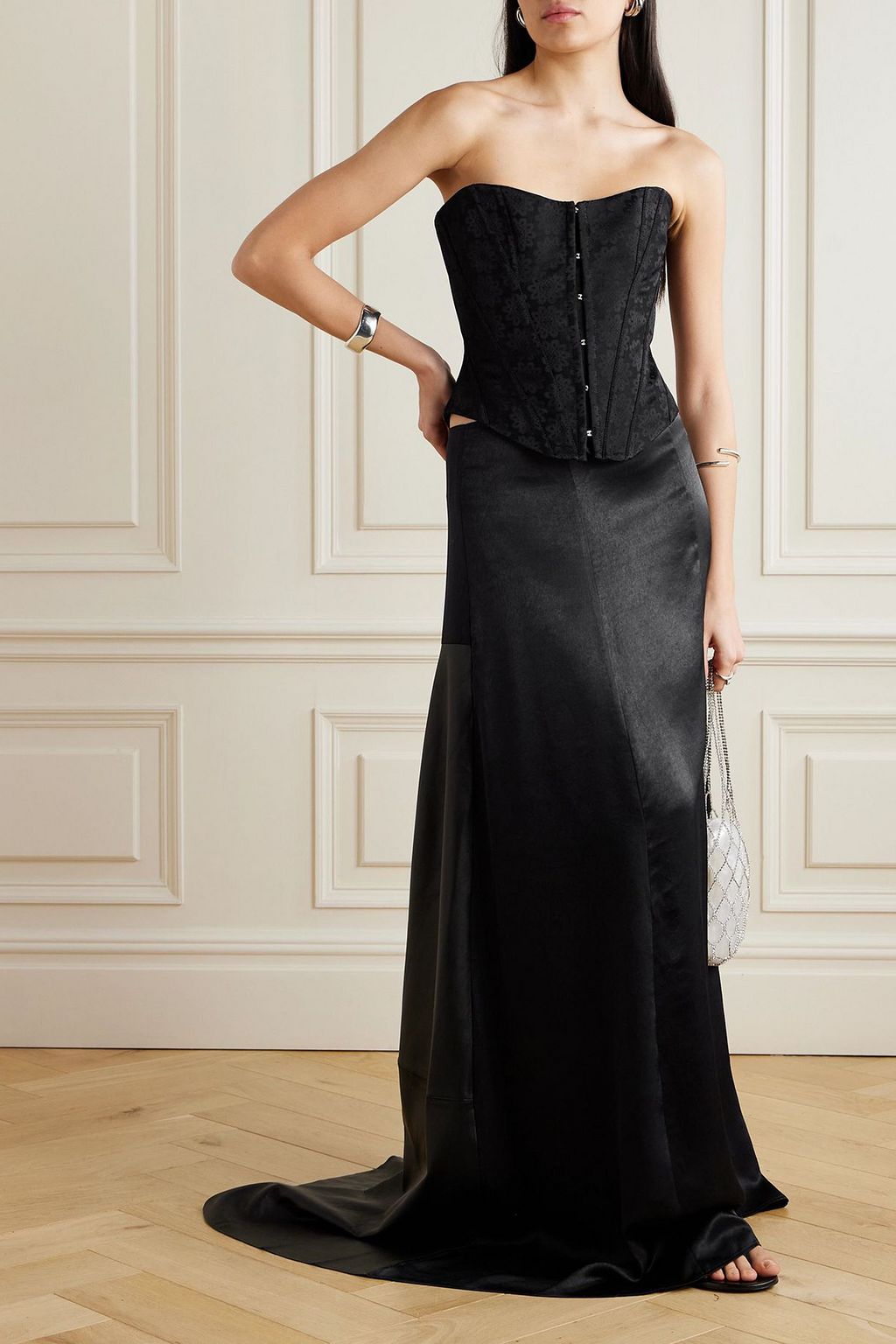 LUDOVIC DE SAINT SERNIN Leather-trimmed silk-satin maxi skirt