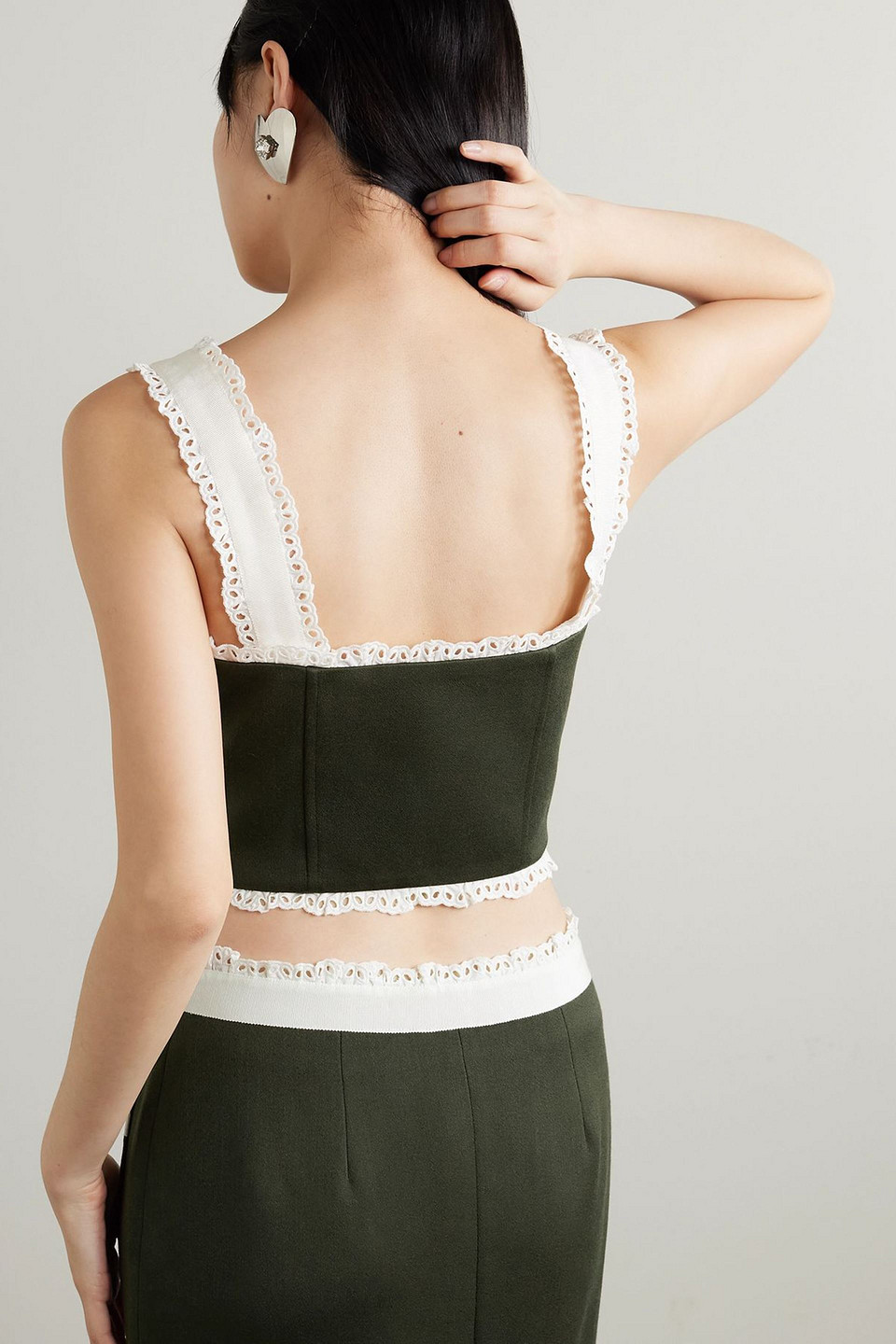 Alessandra Rich Cropped Broderie Anglaise-trimmed Wool-crepe Top In Green