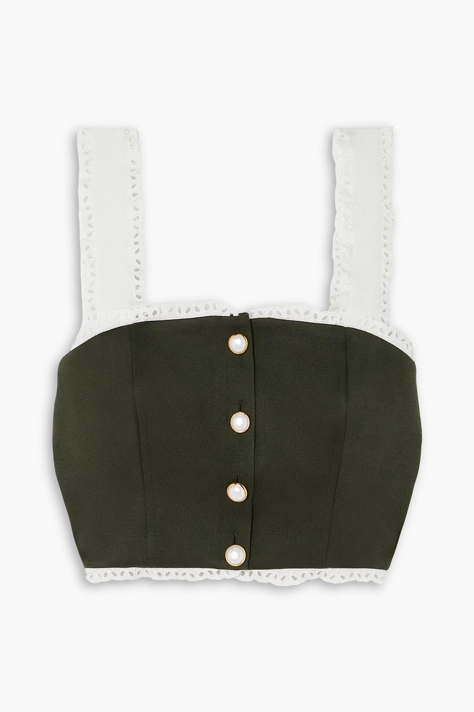 Alessandra Rich Cropped Broderie Anglaise-trimmed Wool-crepe Top In Green