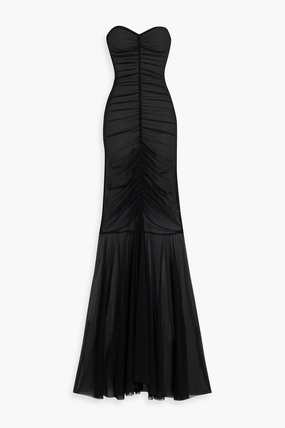 Norma Kamali Strapless Ruched Stretch-mesh Gown In Black