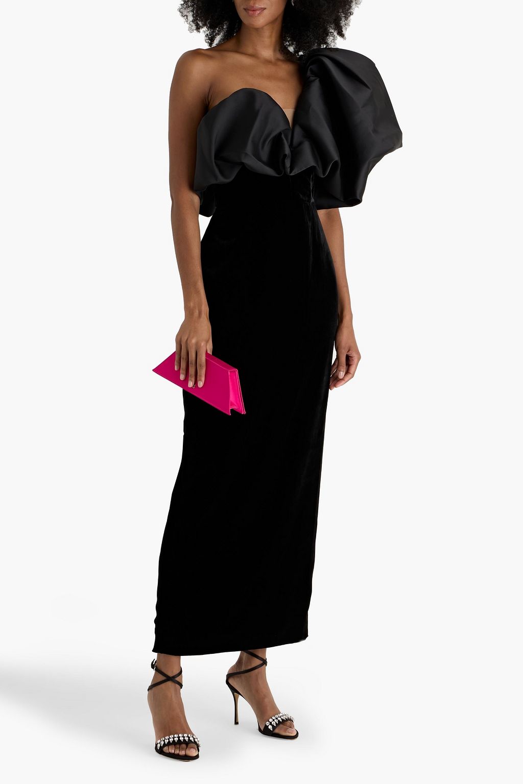 MONIQUE LHUILLIER One-shoulder ruffled faille gown
