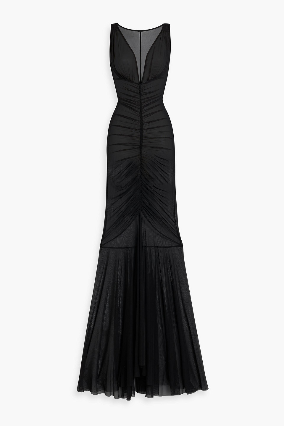 Norma Kamali Tara Ruched Stretch-mesh Gown In Black
