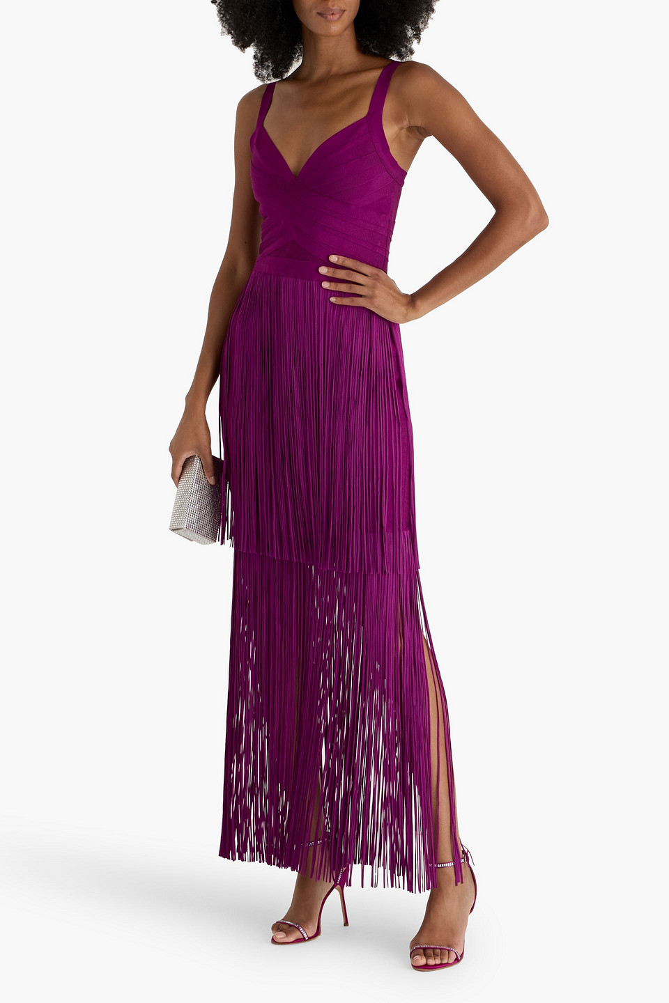 Hervã© Lã©ger Blanca Fringed Bandage Gown In Purple