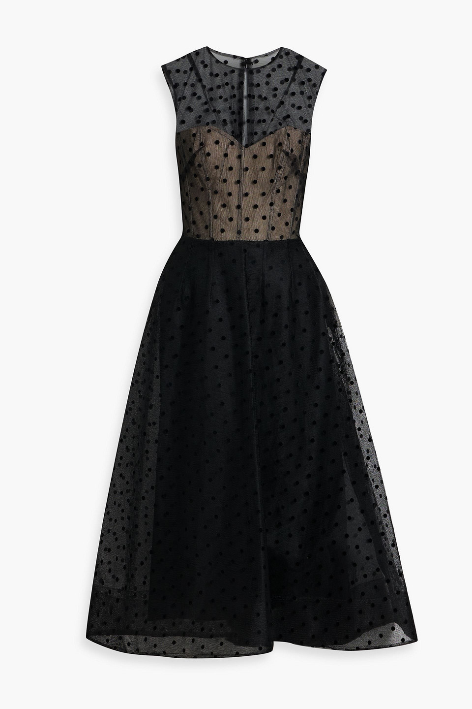 Monique Lhuilier Polka-dot Flocked Tulle Midi Dress In Black