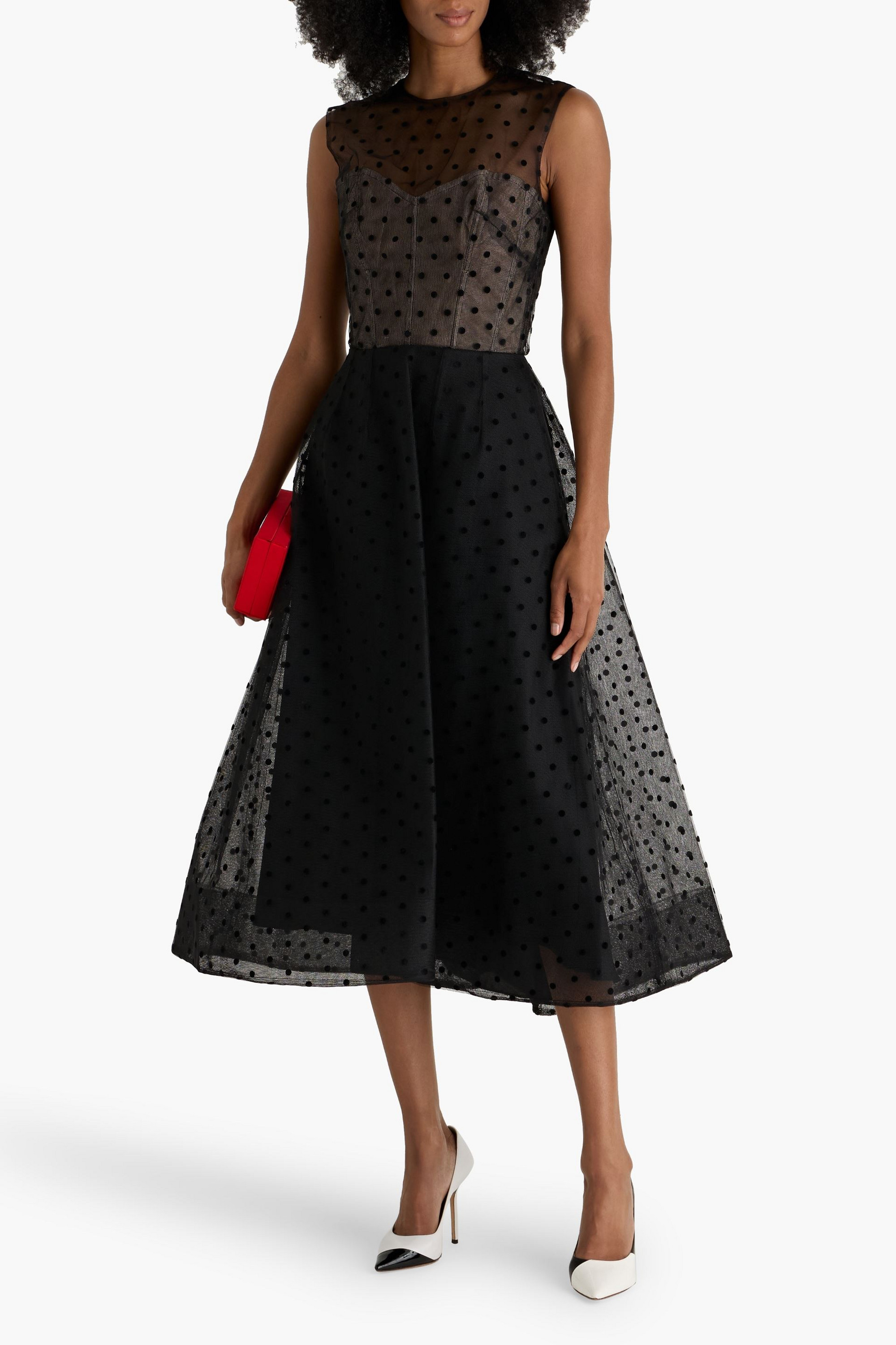 Monique Lhuillier Polka-dot flocked tulle midi dress