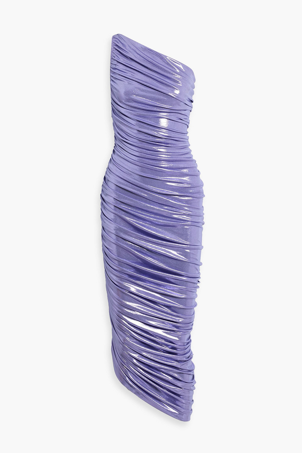 Norma Kamali Diana One-shoulder Ruched Lamé Gown In Purple