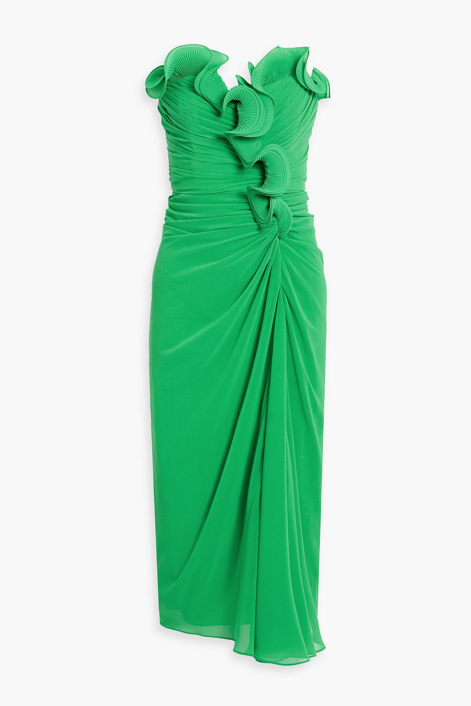 Badgley Mischka Strapless Pleated Georgette Midi Dress In Green