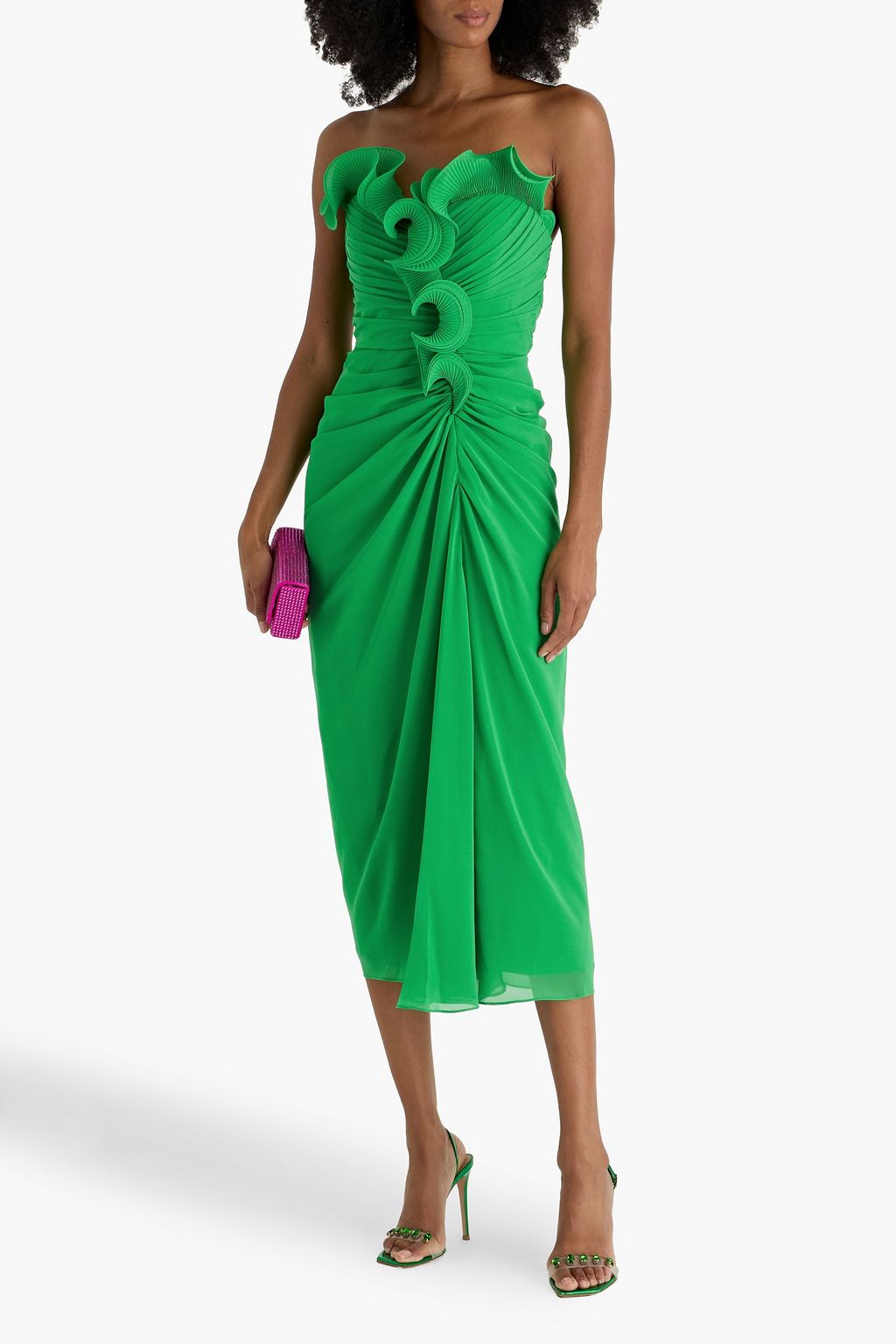 BADGLEY MISCHKA Strapless ruffled plissé-georgette midi dress