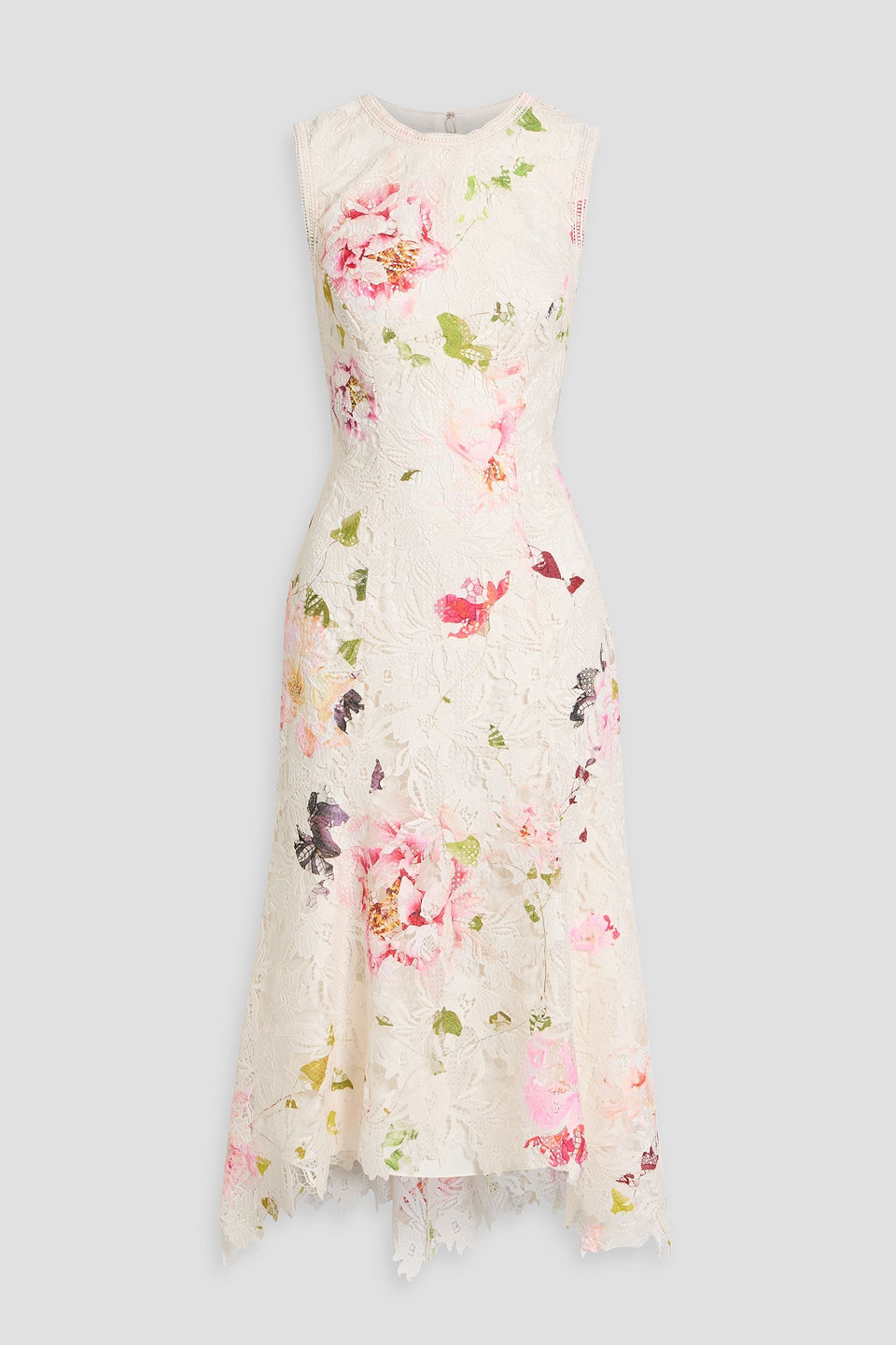 Monique Lhuilier Floral-print Guipure Lace Midi Dress In White