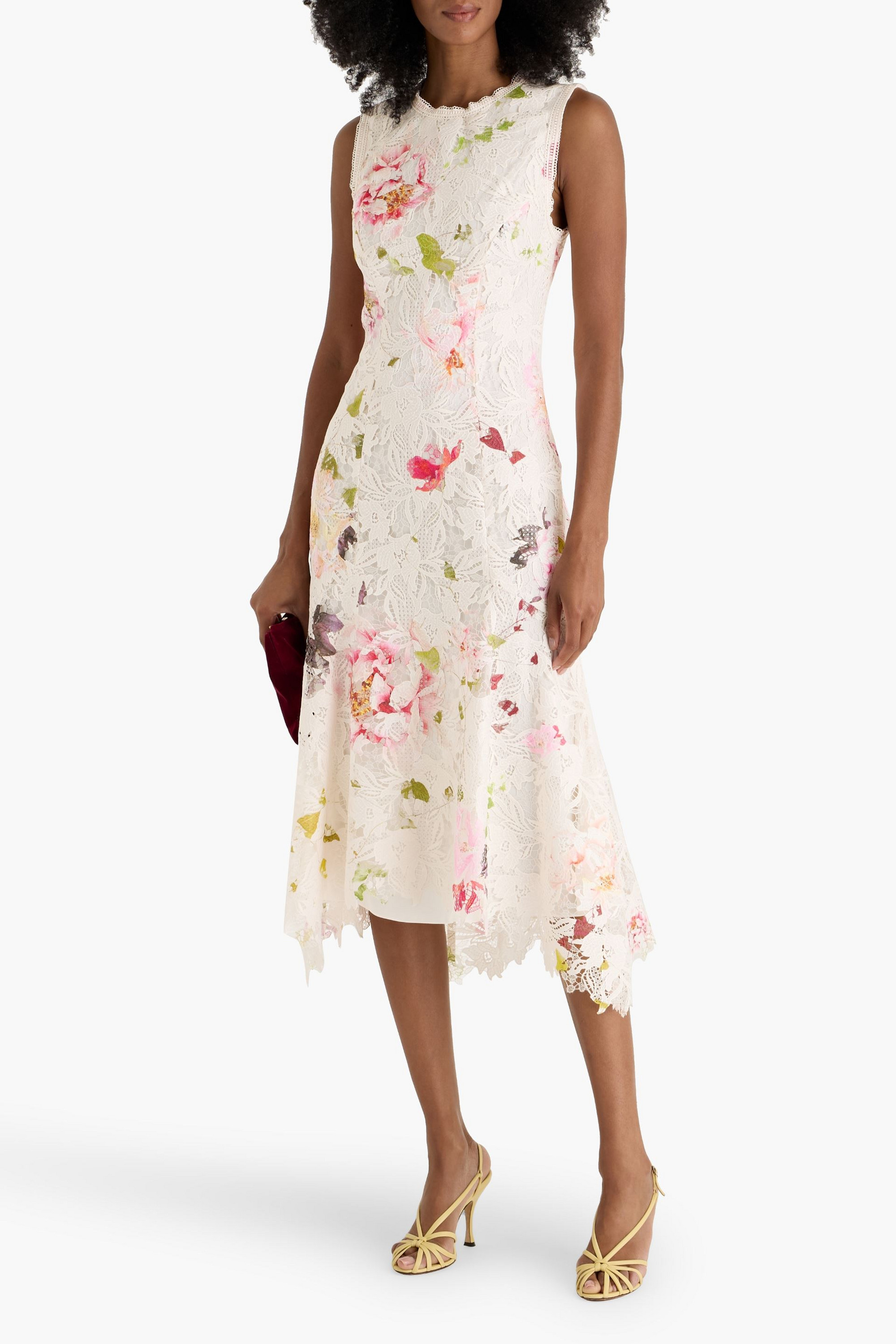 Monique Lhuillier Floral-print guipure lace midi dress