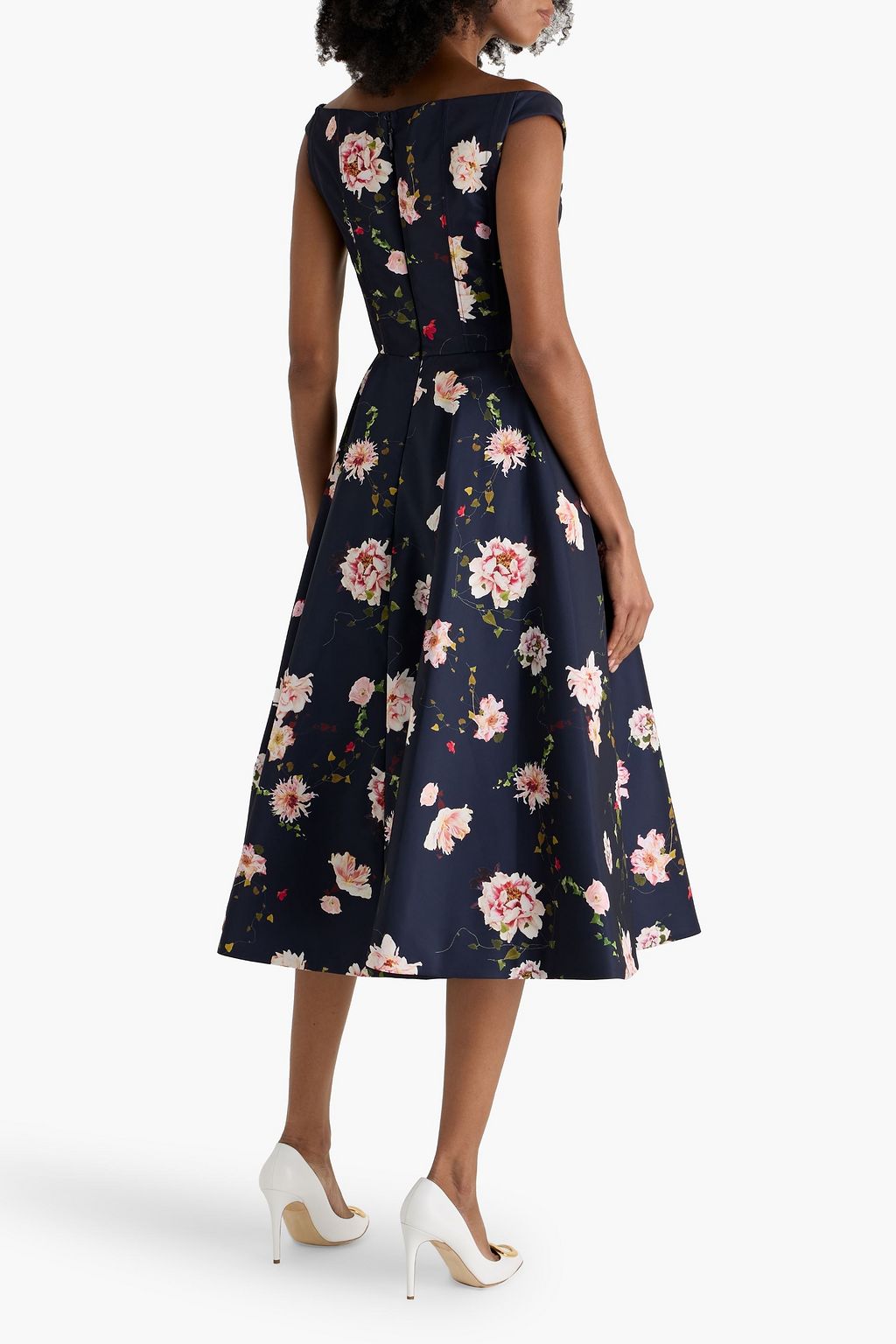 MONIQUE LHUILLIER Off-the-shoulder floral-print faille midi dress
