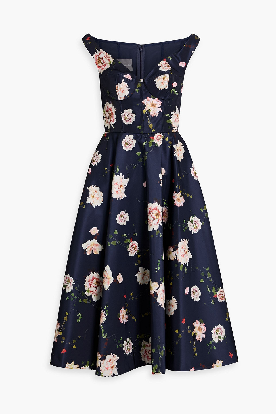 Monique Lhuilier Off-the-shoulder Floral-print Faille Midi Dress In Blue