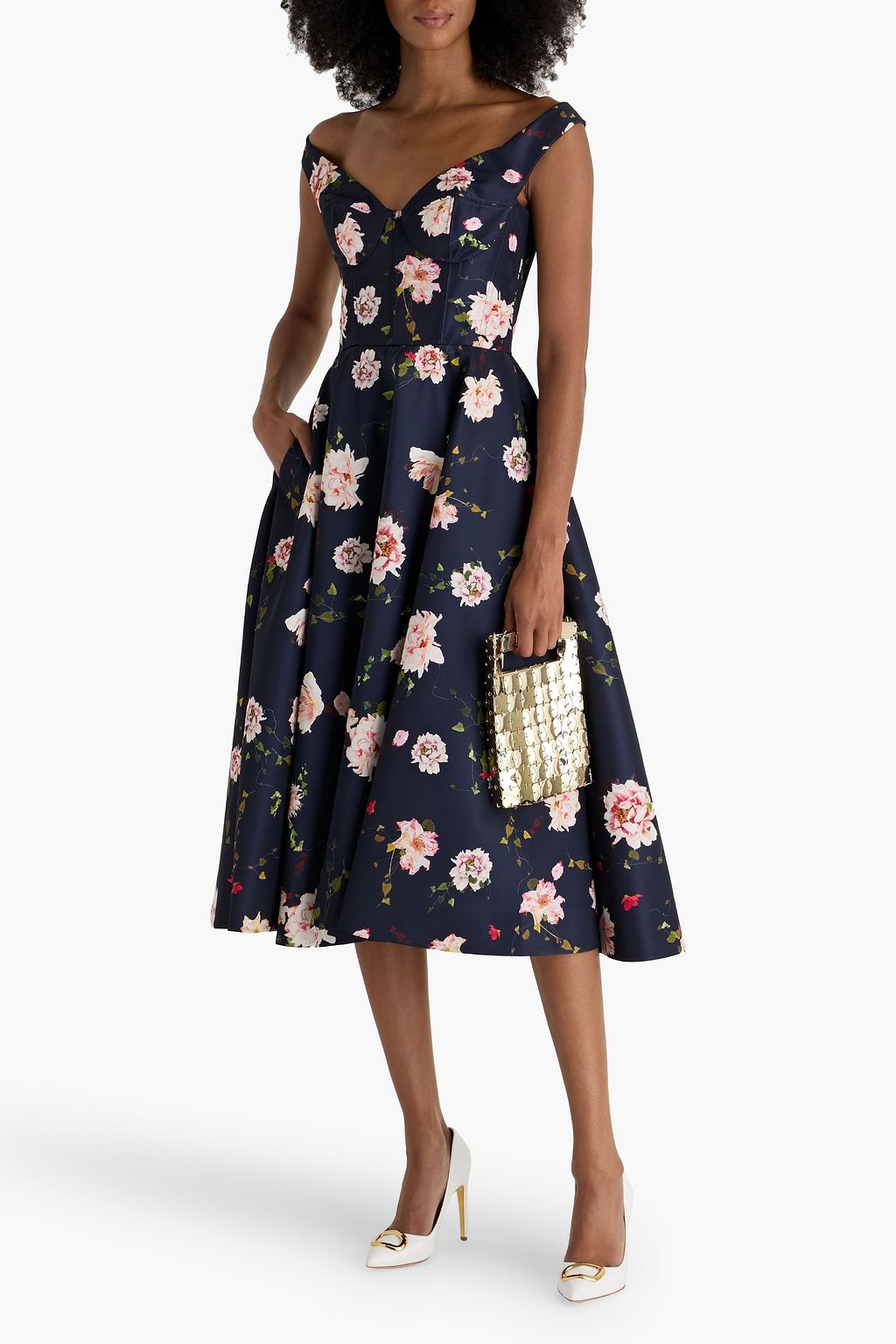 MONIQUE LHUILLIER Off-the-shoulder floral-print faille midi dress