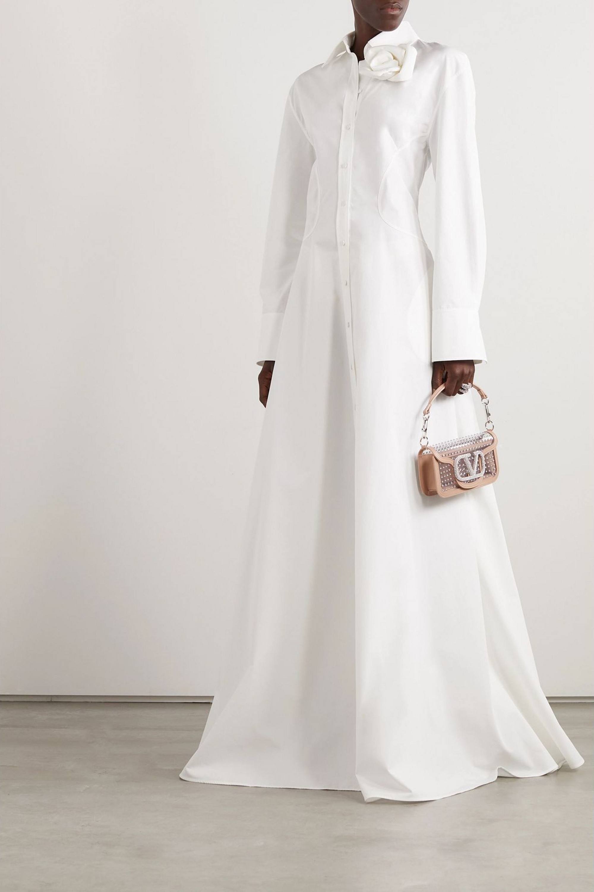 Valentino Garavani Appliquéd pleated cotton-poplin gown