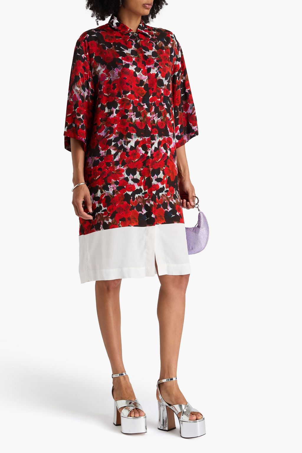 DRIES VAN NOTEN فستان متوسط الطول على شكل قميص من قماش كريب دي شين المطبّع بالورود