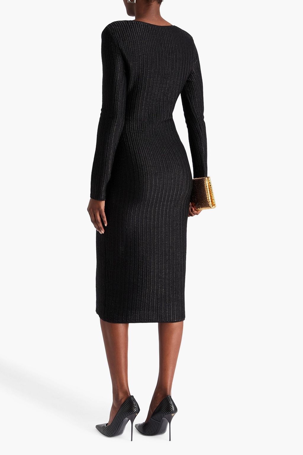 TOM FORD リブ編みコットン混 ミディワンピース カットアウト メタリック