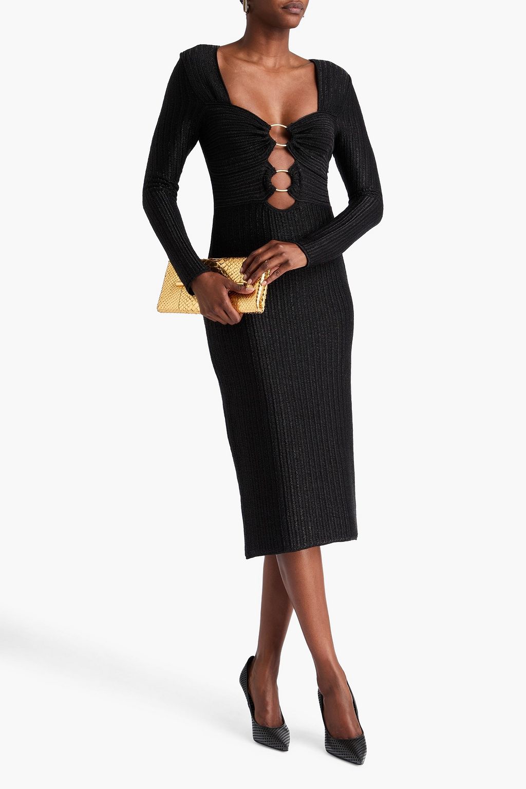 TOM FORD リブ編みコットン混 ミディワンピース カットアウト メタリック