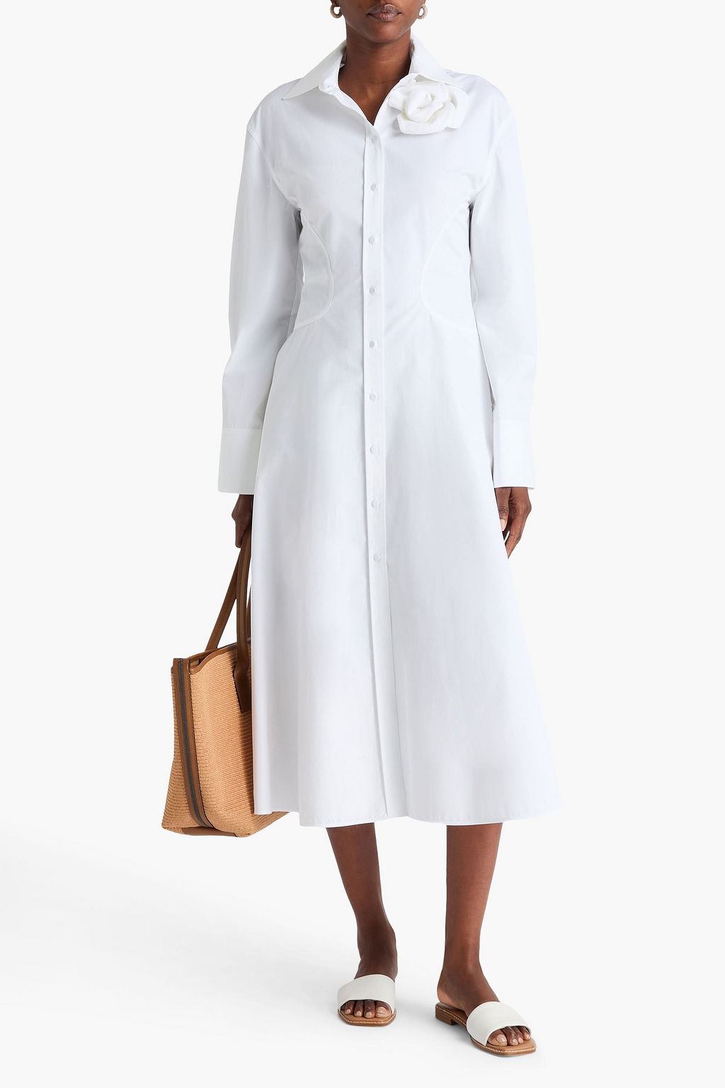 VALENTINO GARAVANI Floral-appliquéd cotton-poplin midi shirt dress