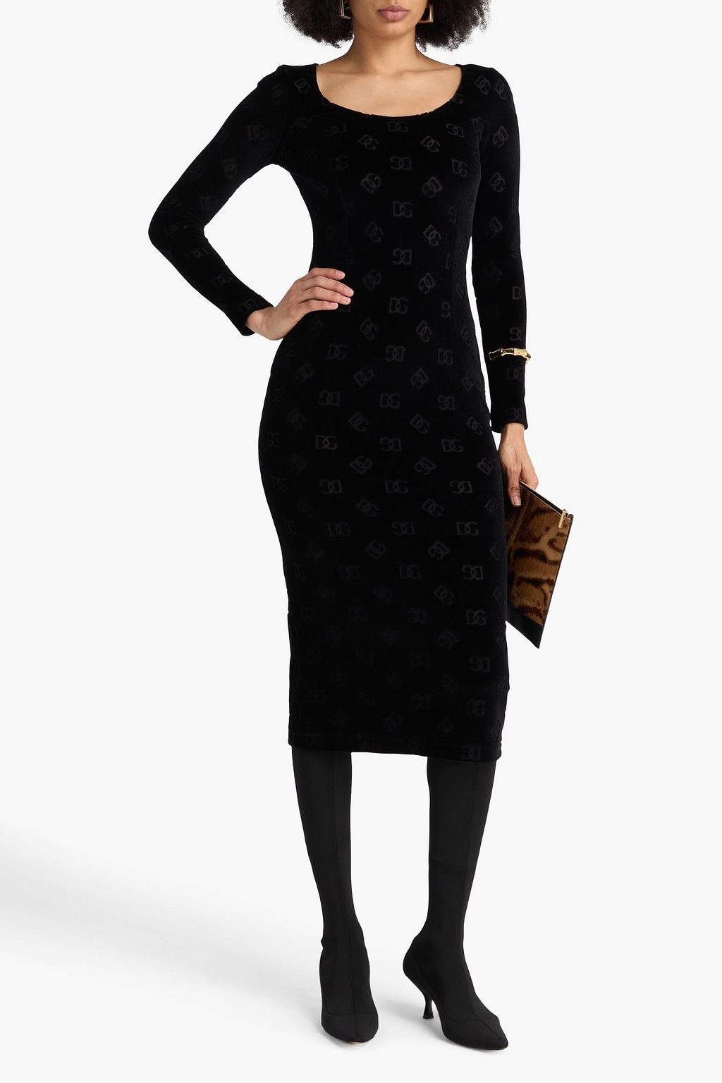 DOLCE&GABBANA فستان متوسط الطول من القطن والمخمل