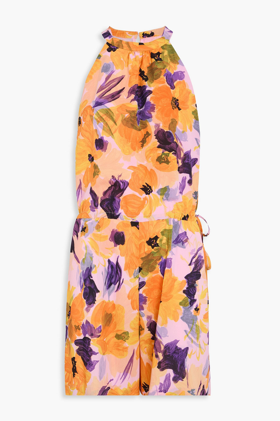 Dries Van Noten Floral-print Crepe De Chine Playsuit In Orange