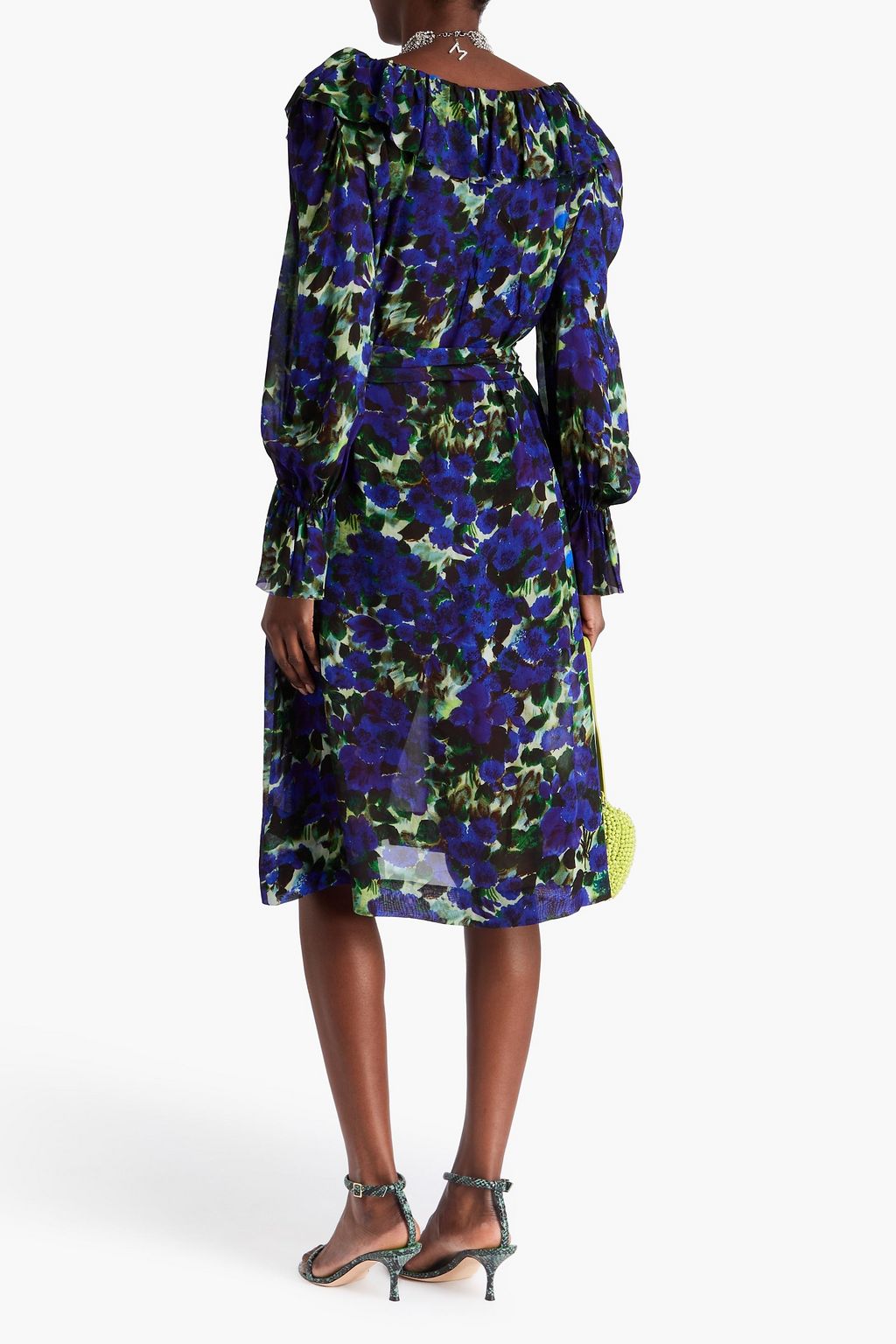 DRIES VAN NOTEN فستان متوسط الطول من الجورجيت بطبعات بكشاكش
