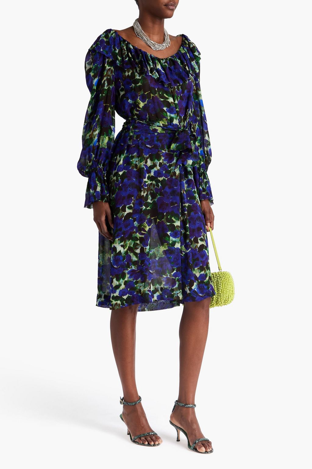 DRIES VAN NOTEN فستان متوسط الطول من الجورجيت بطبعات بكشاكش