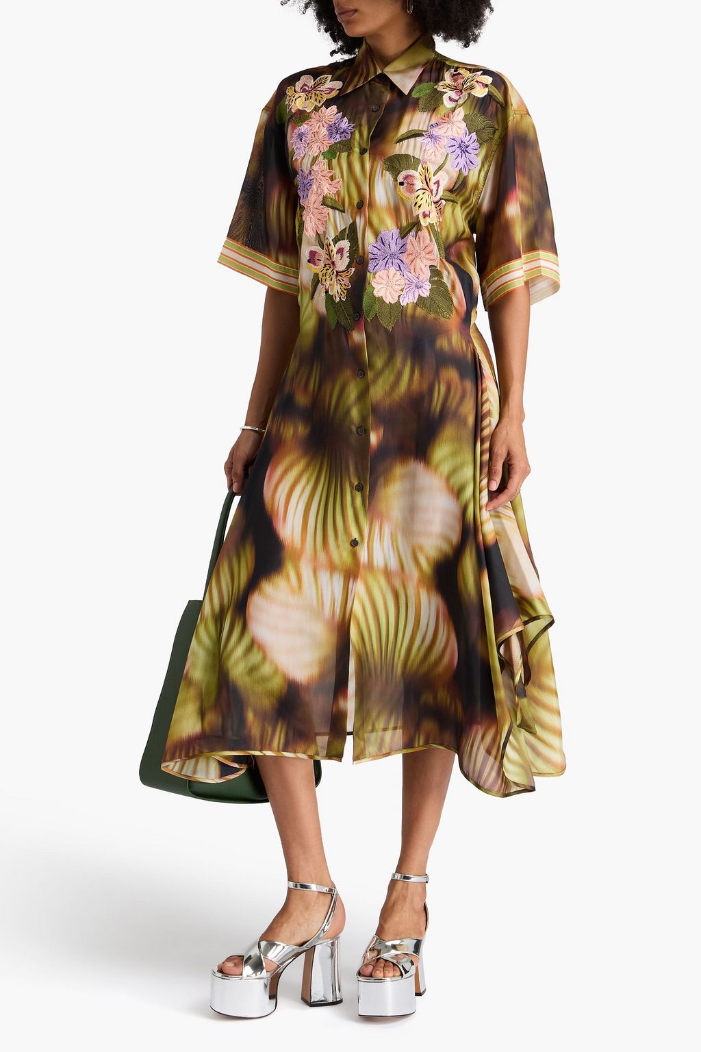 DRIES VAN NOTEN فستان متوسط الطول بأسلوب القميص من حرير هابوتاي مزين بطبعات