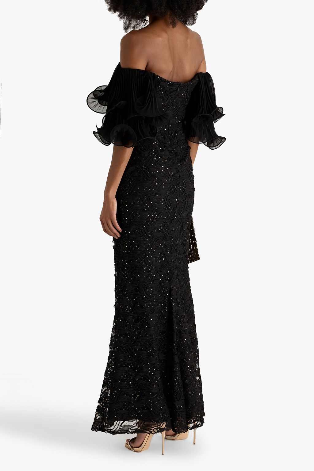 BADGLEY MISCHKA Off-the-shoulder georgette-paneled embroidered metallic point d'esprit gown