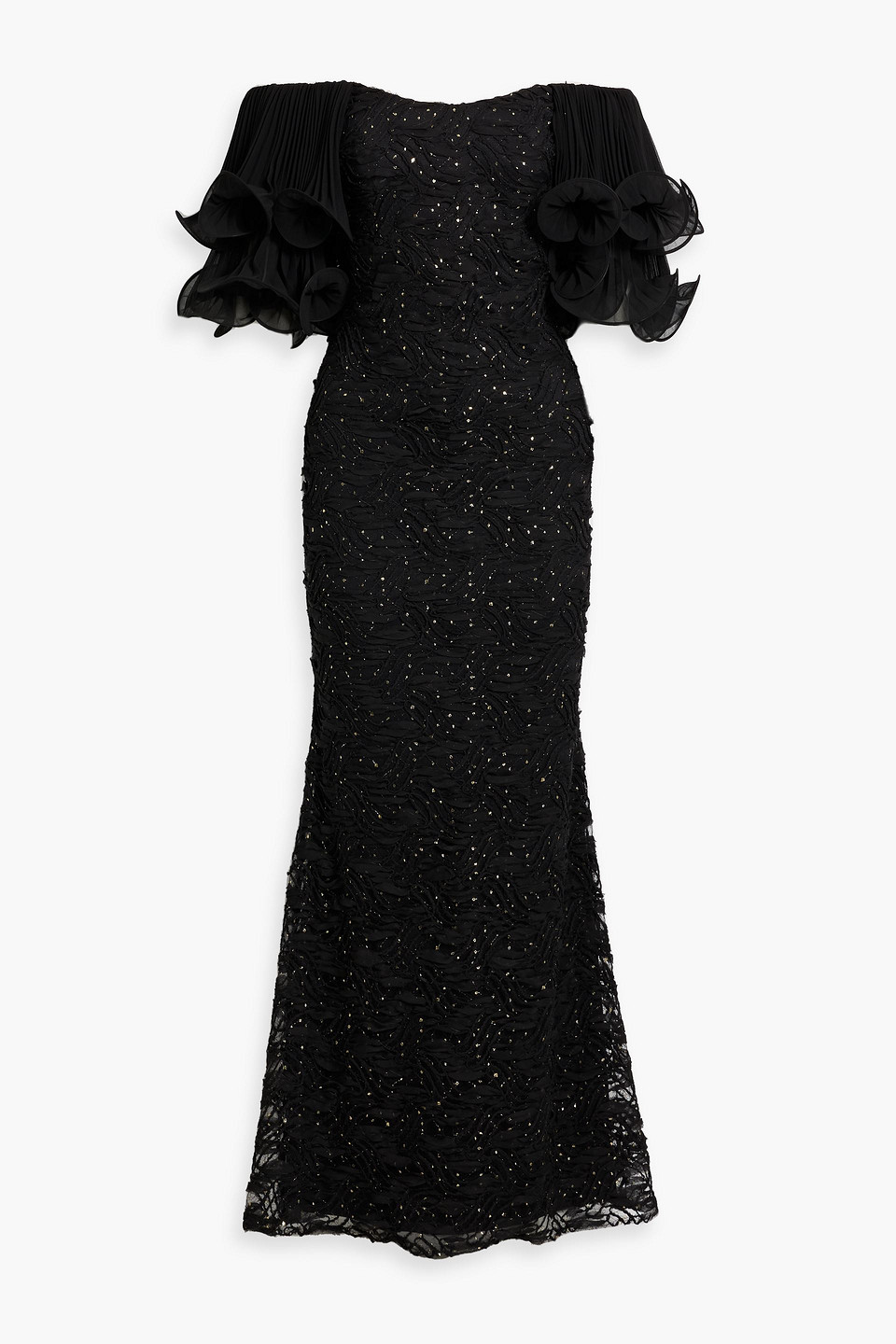 Badgley Mischka Off-the-shoulder Georgette-paneled Embroidered Metallic Point D'esprit Gown In Black