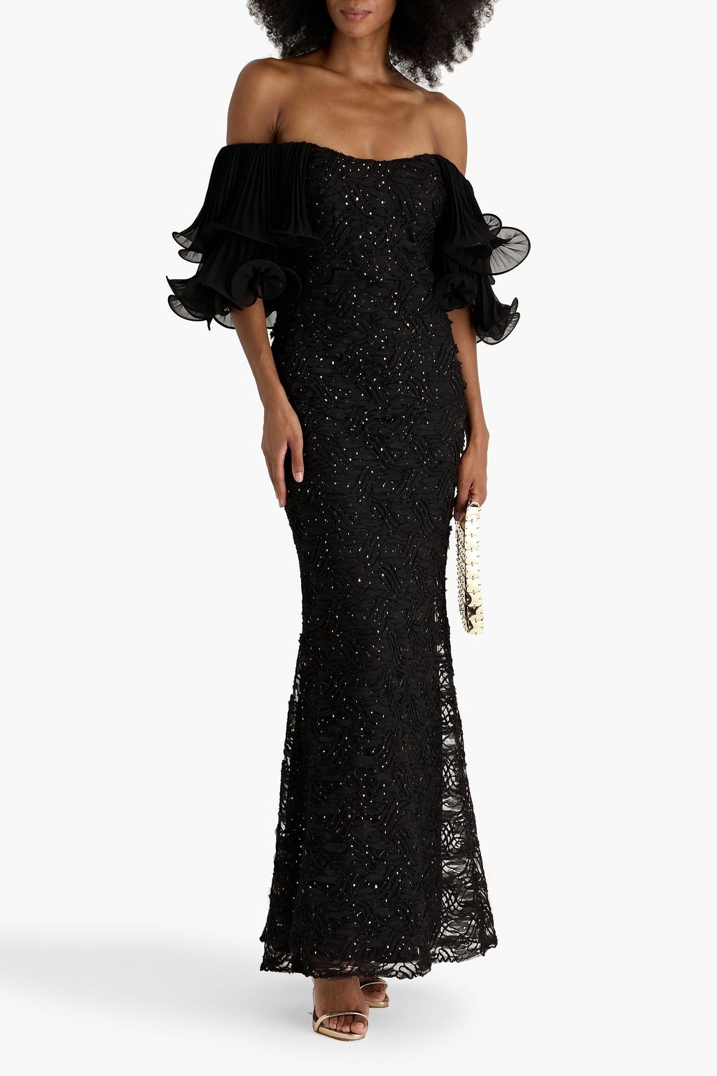 BADGLEY MISCHKA Off-the-shoulder georgette-paneled embroidered metallic point d'esprit gown